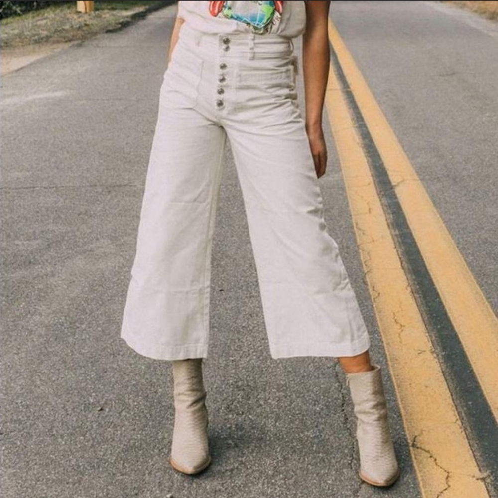 🔥FREE PEOPLE Colette Wide Leg White Culottes Jean Pants Button Fly (NO TAGS!)